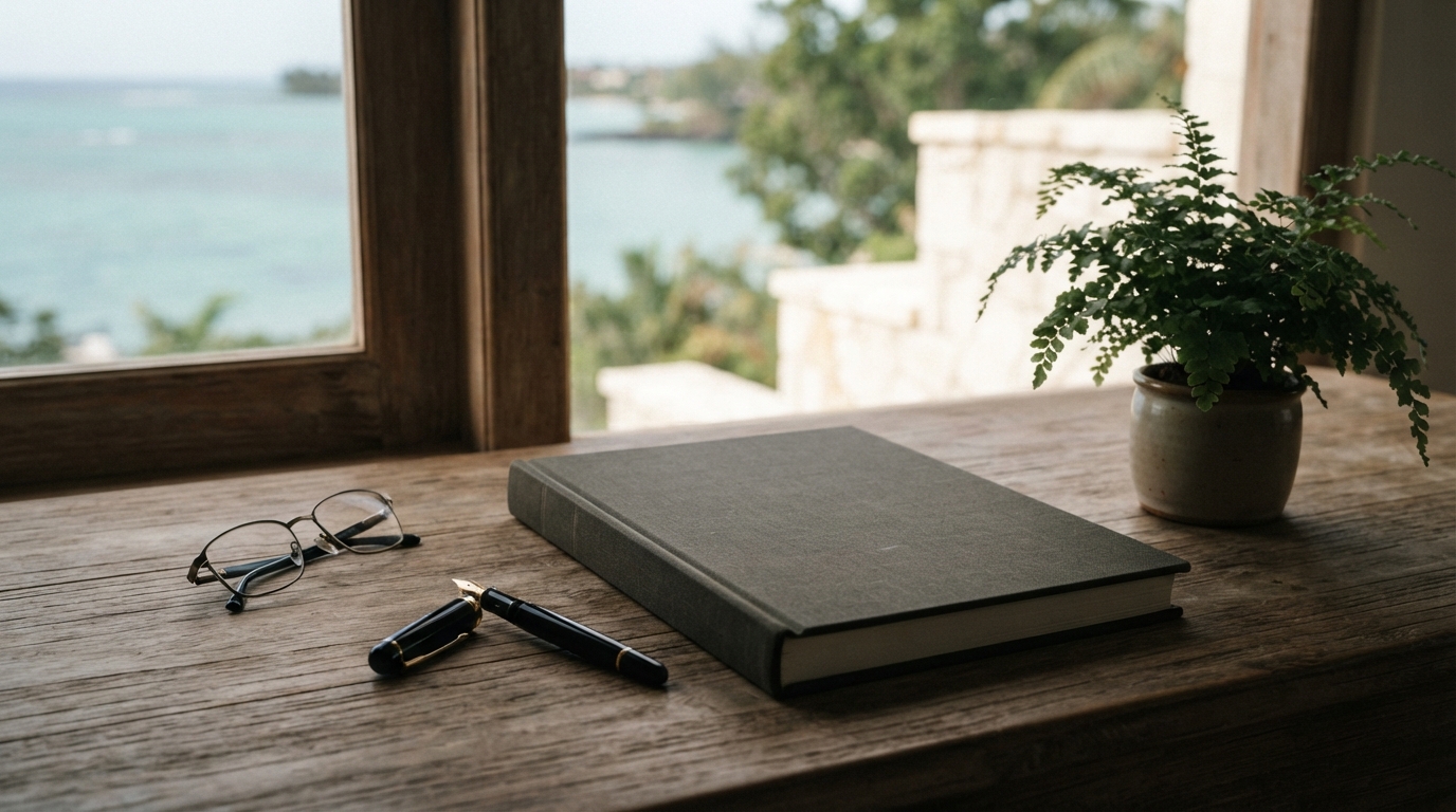 A closed ledger, fountain pen, reading glasses and fern on a wooden desk.