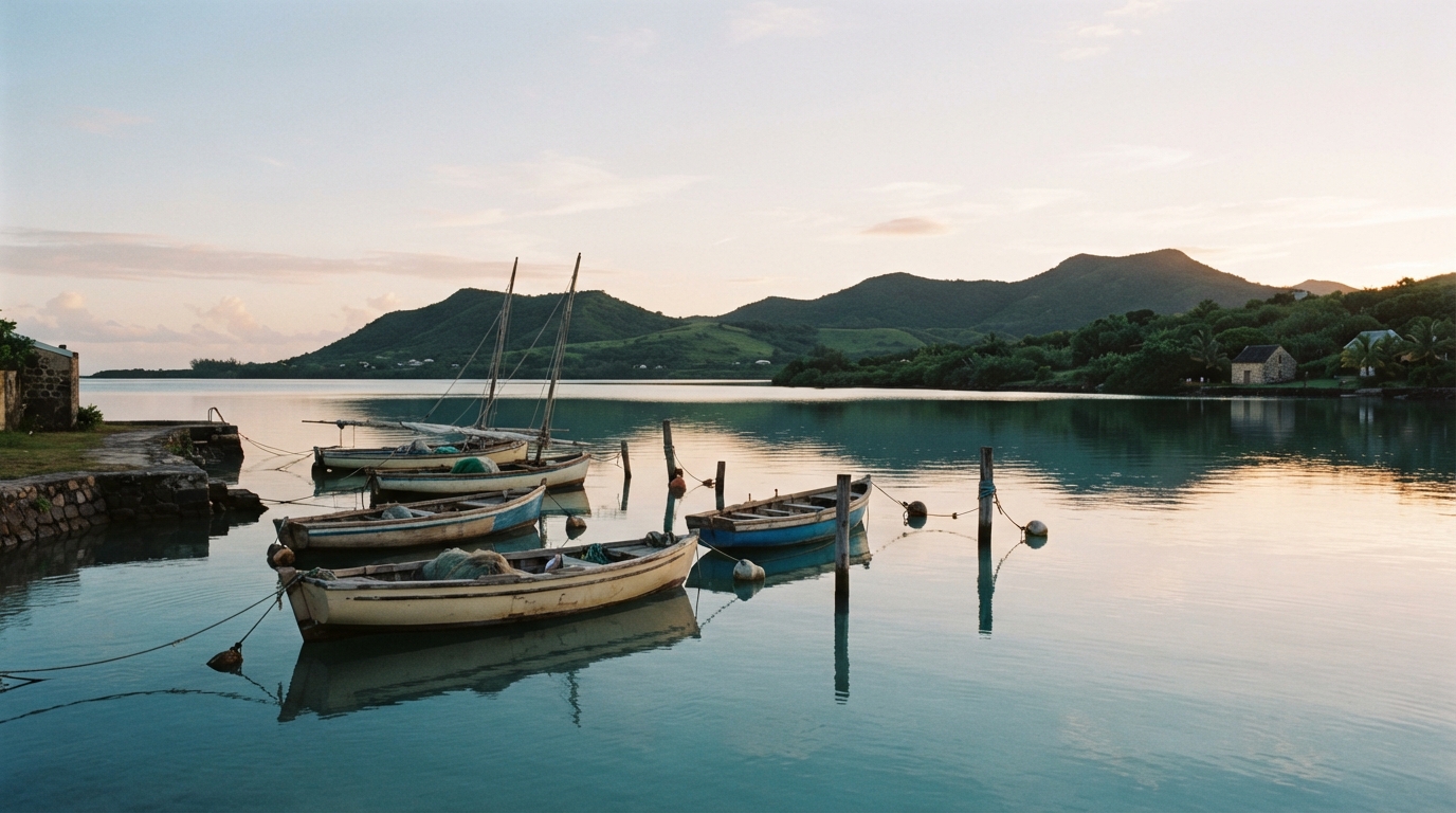 Traditional boats moored in a calm bay beneath green hills.