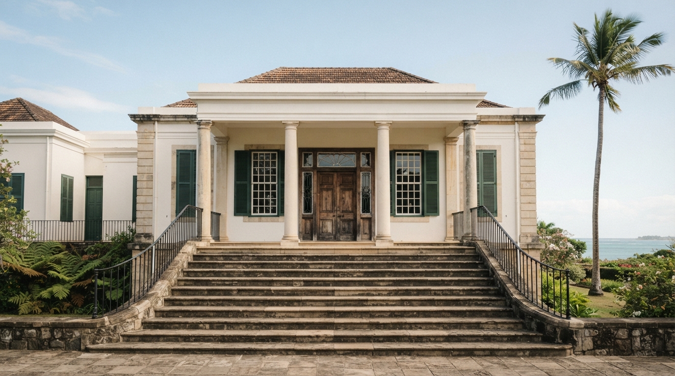 Wide stone steps leading to a white colonial-style building.