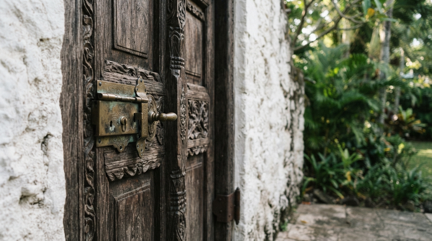 A carved wooden door with a brass lock beside a whitewashed wall.